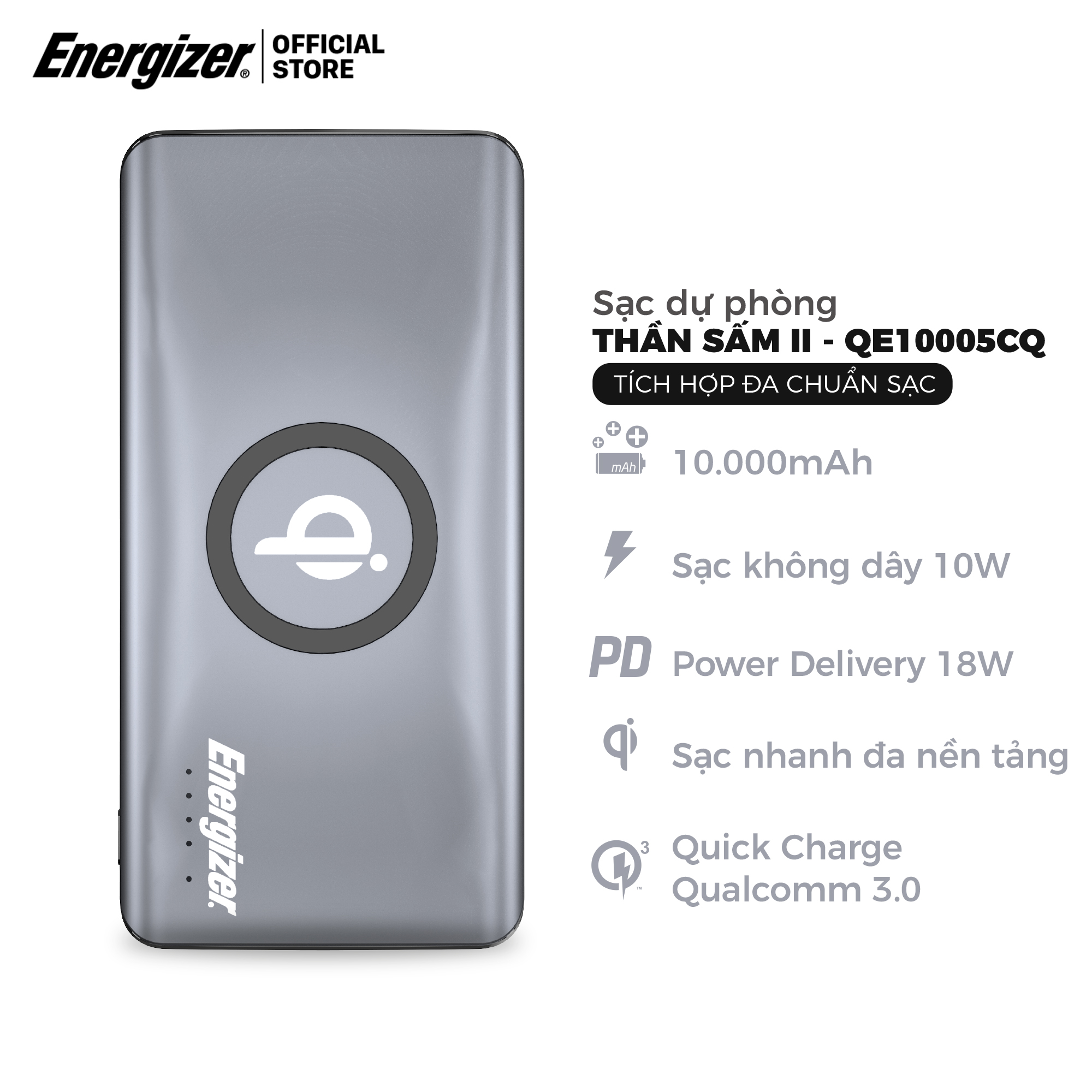 Sạc dự phòng Energizer 10,000mAh /3.7V Li-Polymer - QE10005CQGY - Hàng chính hãng