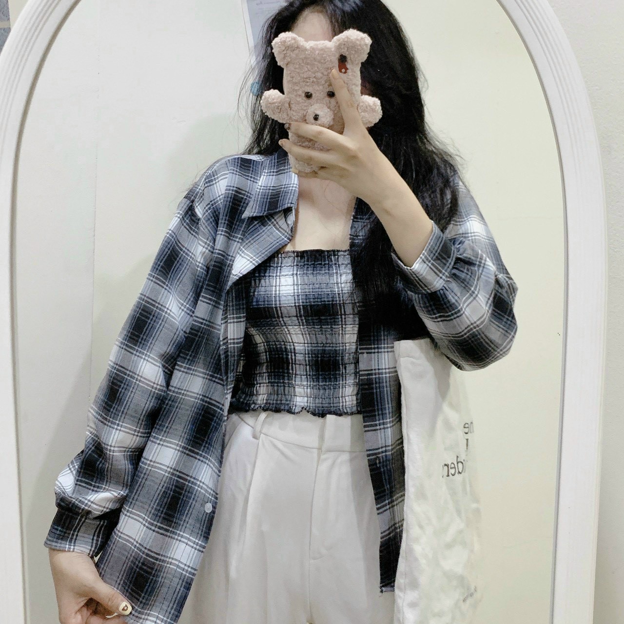 SET ÁO SƠ MI + ÁO CROPTOP, set ulzzang kẻ caro áo sơ mi croptop, combo áo sơ mi croptop xuống phố, set áo croptop sơ mi sọc dài tay, Set áo sơmi nữ sọc tay phồng croptop