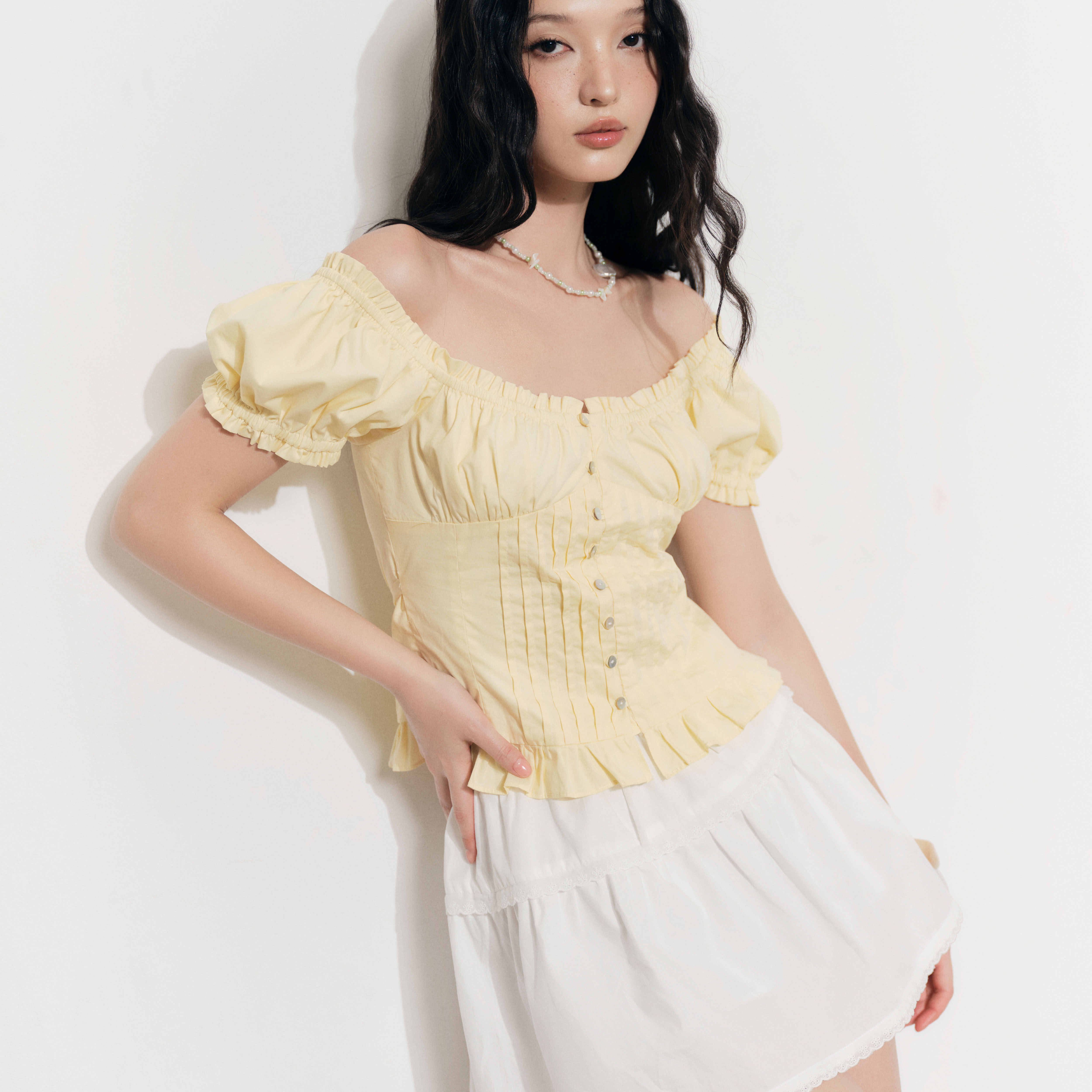 DOTTIE - Áo diễu ly tay phồng - Vàng - T1076