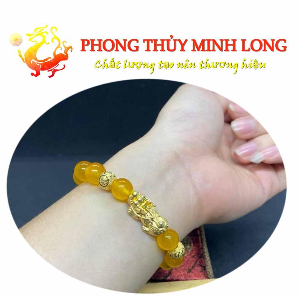 Vòng tay đá Mã Não Vàng chất lượng 3A mix tỳ hưu và 2 hạt kim tiền Vàng