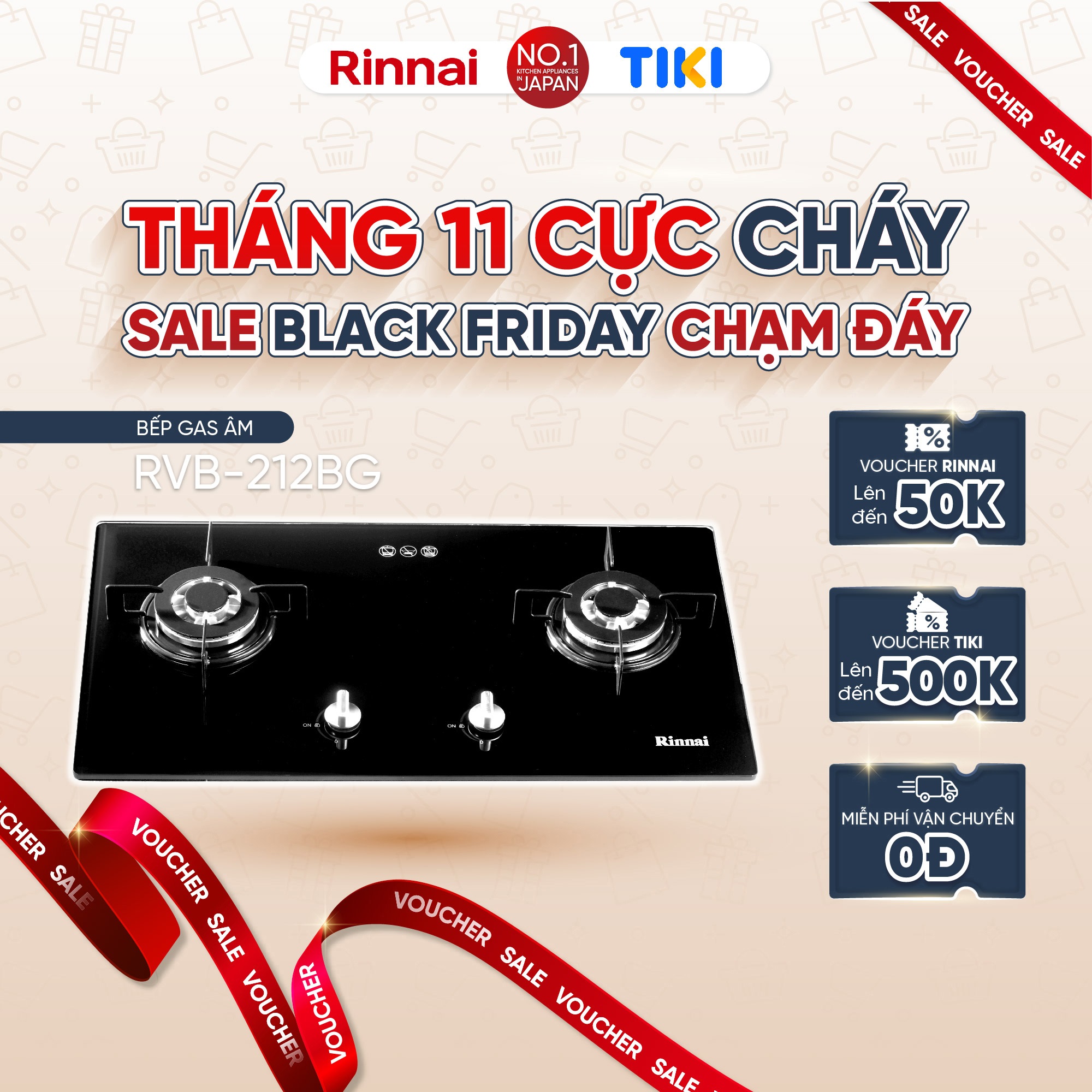 Bếp gas âm Rinnai Rinnai RVB-212BG mặt bếp kính và kiềng bếp men - Hàng chính hãng.