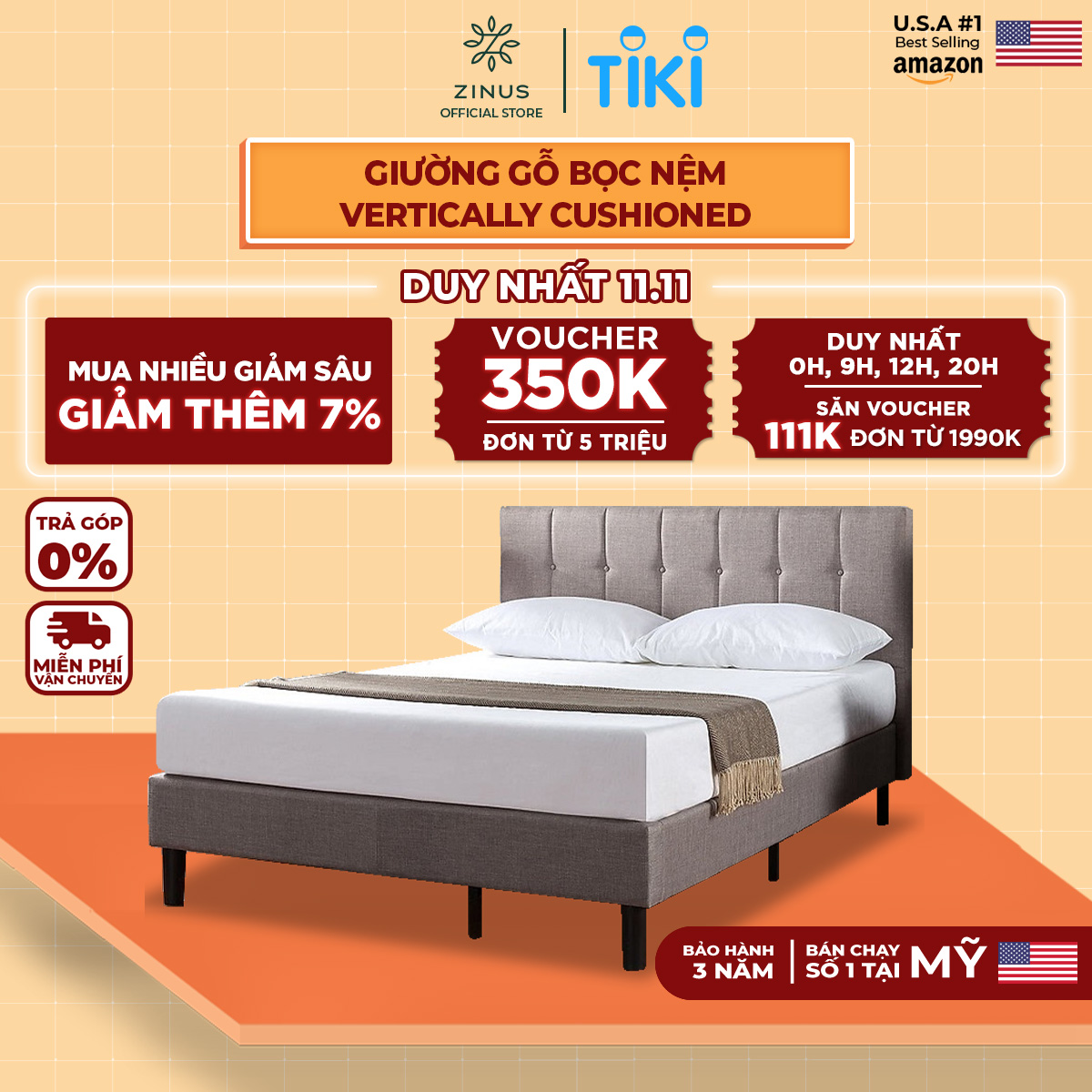 Giường Bọc Nệm Zinus Tự Lắp Ráp Sang Trọng Phong Cách Mỹ - Vertically Cushioned Platform Bed