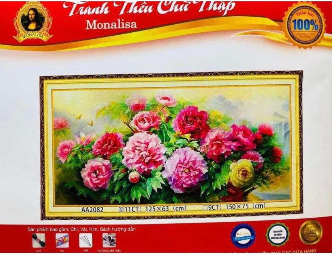 Tranh thêu chữ thập hoa mẫu đơn 9CT - AA2082 - kích thước 150 * 75