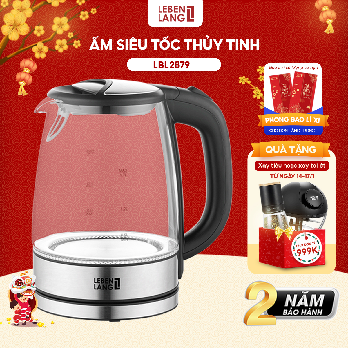 Ấm siêu tốc LEBENLANG LBL2879 bằng thủy tinh chịu nhiệt - hành chính hãng