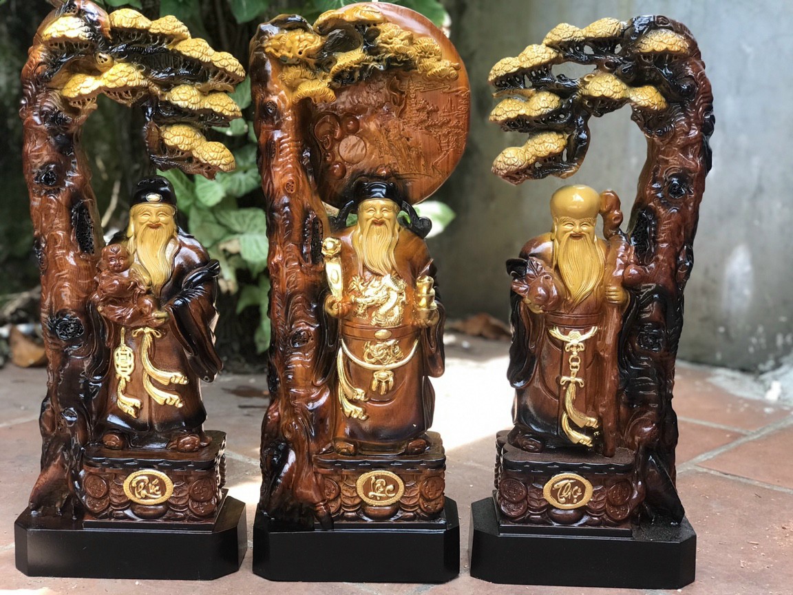 Bộ tượng phật tam đa phúc lộc thọ bằng gỗ hương đá pu tô làm mầu giả cổ kt cao 40×16×8cm