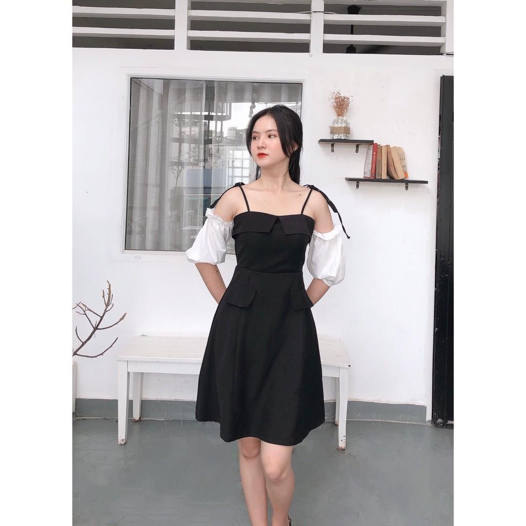 ĐẦM MANGO ĐEN NUDE DỰ TIỆC TRỄ VAI 2 DÂY PHỐI TAY TRẮNG DÁNG XÒE-hình thật shop chụp