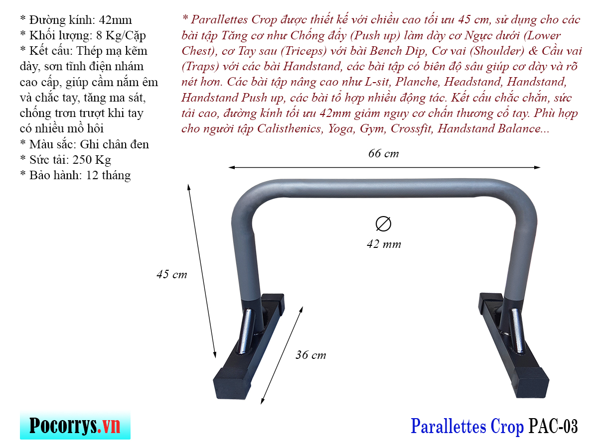 Xà kép Parallettes Crop cao 45cm, Pocorrys PAC-03, Màu ghi chân đen