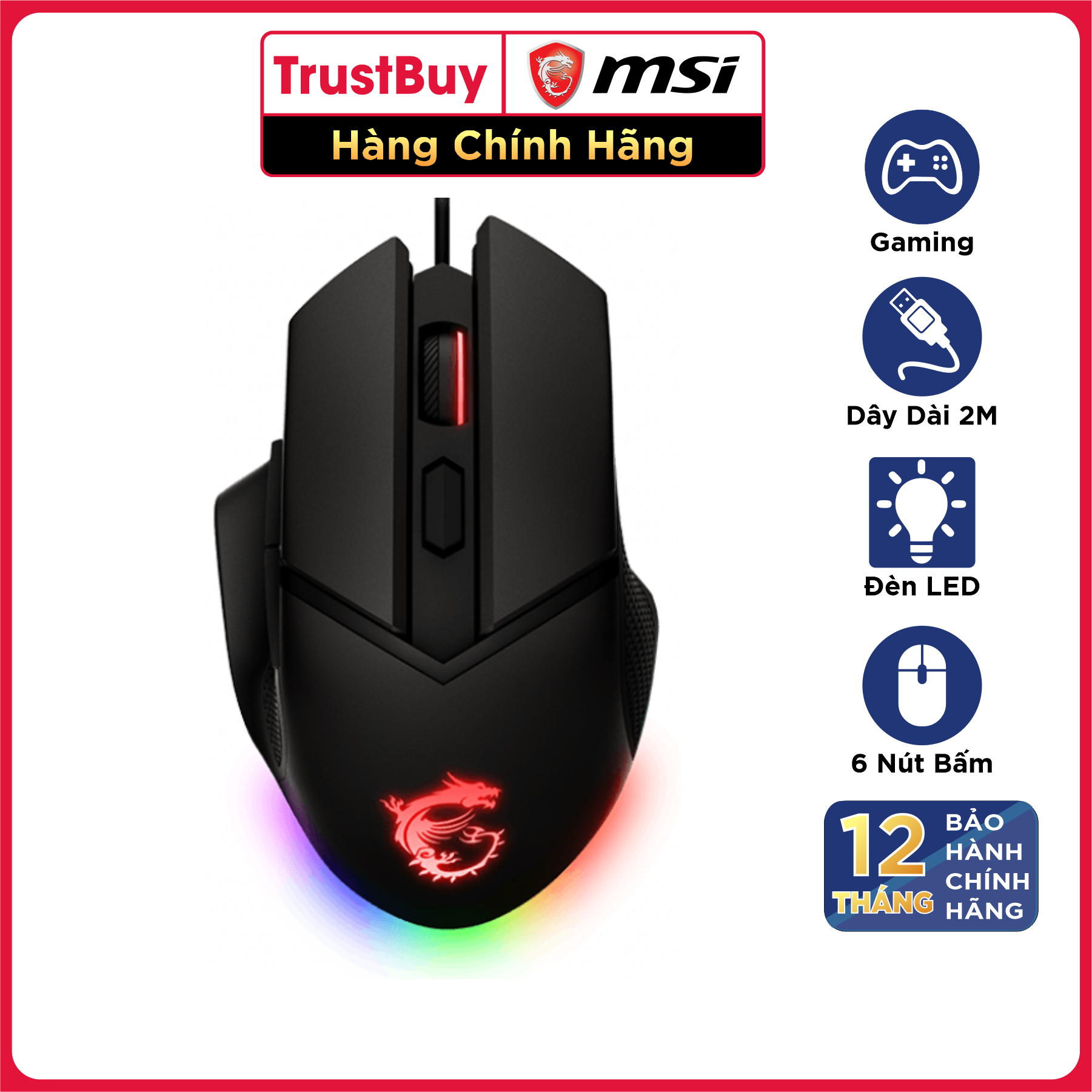 Chuột Gaming MSI Clutch GM20 Đèn LED RGB, 8 Nút, 6400 DPI Với 5 Mức DPI, Dây Cắm USB Dài 2M - Hàng Chính Hãng