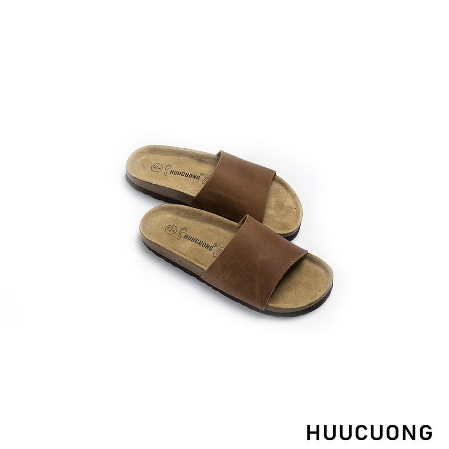 Dép Unisex HuuCuong 1 quai da bò nâu đế trấu handmade