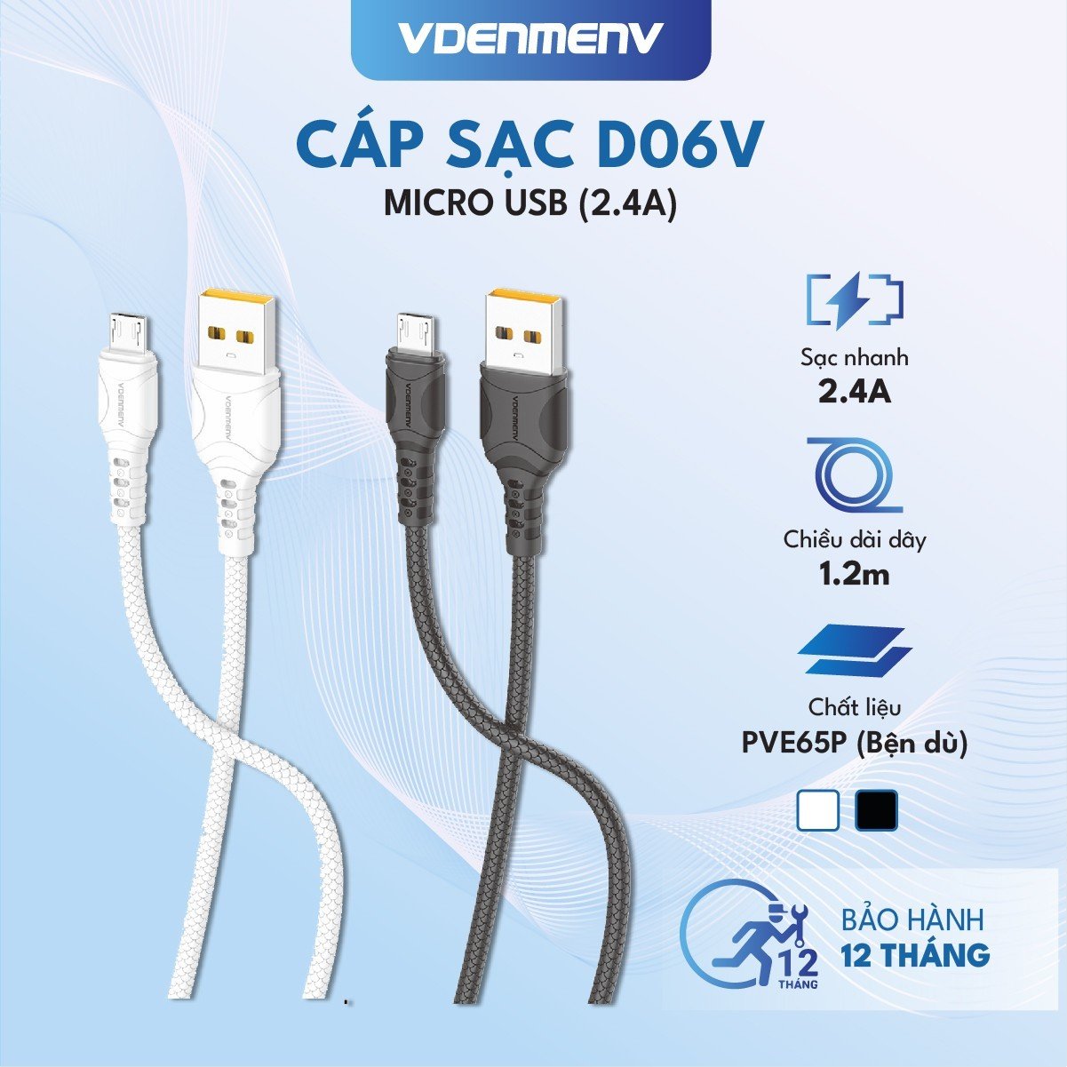 Dây Cáp Sạc Micro VDENMENV D06V (2.4A) Giúp Sạc Nhanh, Chuyển Dữ Liệu, Chất Liệu Bện Dù - Hàng chính hãng