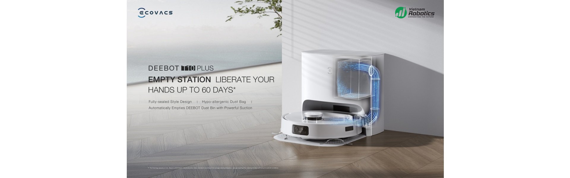 Robot Hút Bụi Ecovacs Deebot T10 Plus, Tự Động Đổ Rác, Thiết Lập Bản Đồ Thông Minh, Lực Hút Lớn Lên Tới 3000Pa - Hàng Chính Hãng