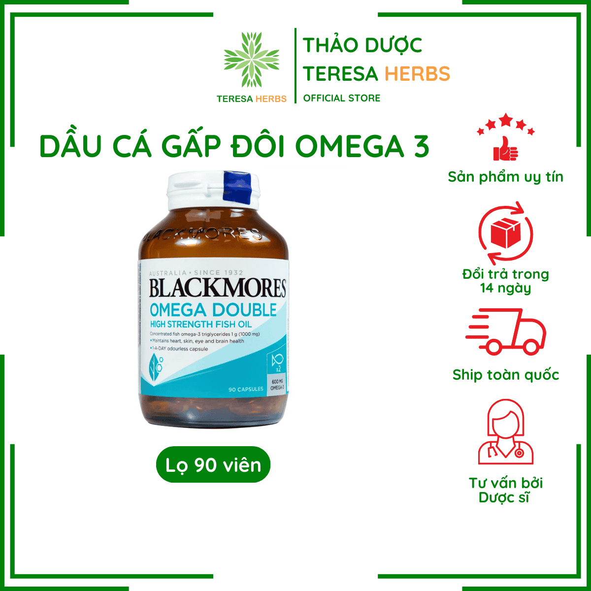 Viên Uống Dầu Cá Omega 3 Bổ Não, Bổ Mắt Blackmores Omega Double High Strength Fish Oil Hộp 90 viên