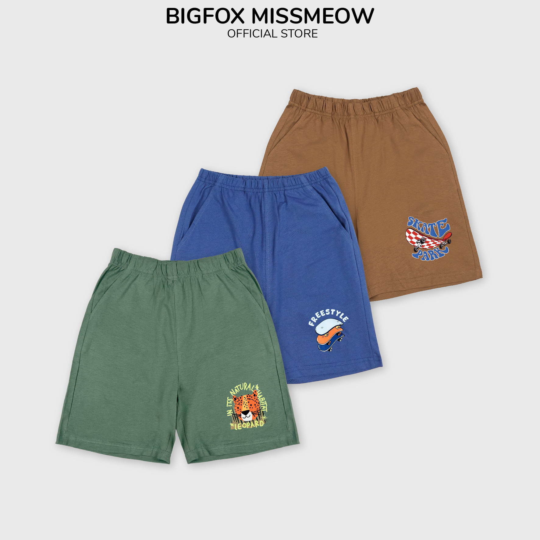 Quần sooc cho bé trai Bigfox Miss Meow shorts đùi chất cotton size đại 3,7,9,11 tuổi 30kg 40kg