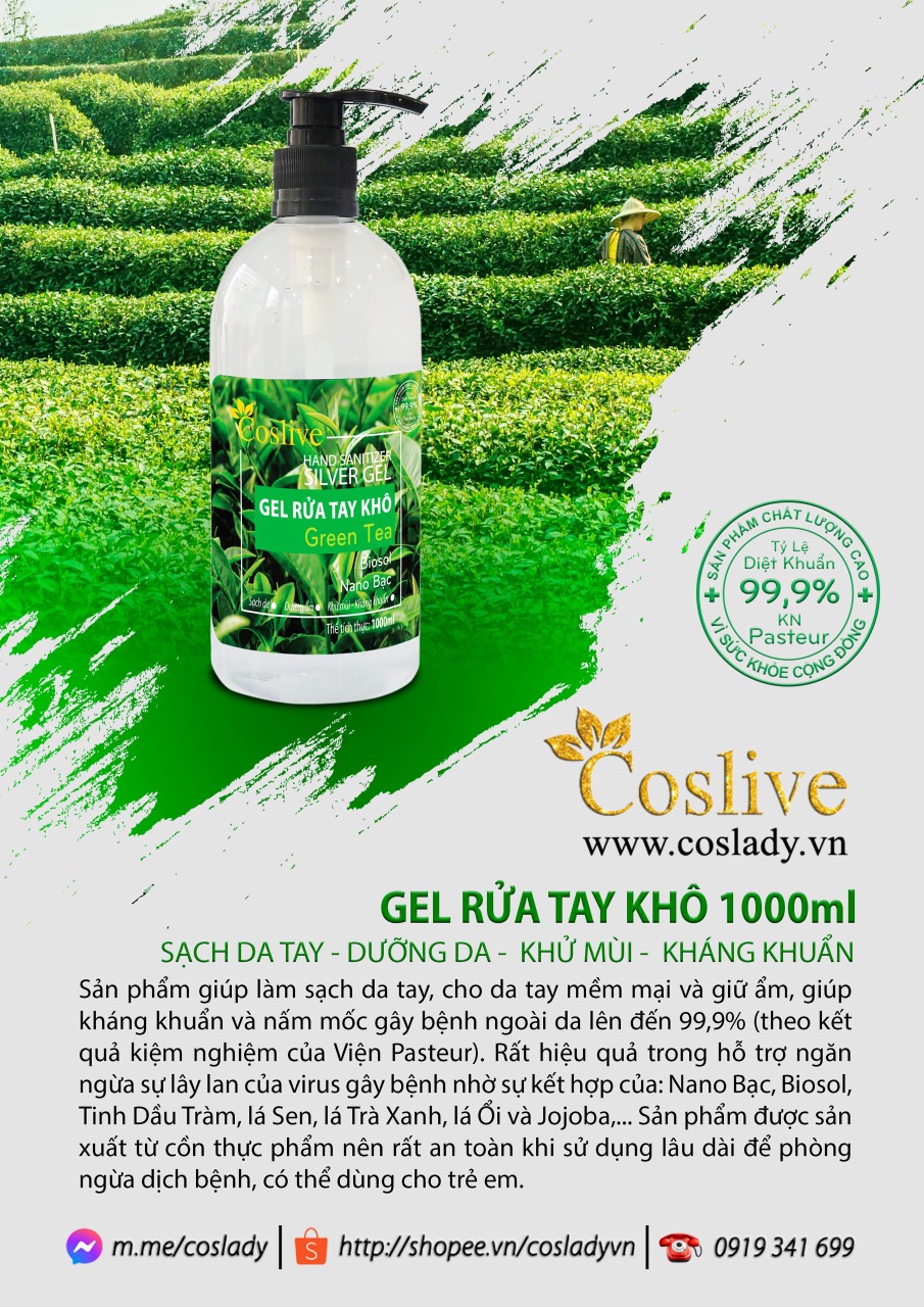 GEL RỬA TAY KHÔ KHÁNG KHUẨN NANO BẠC 1000ML COSLIVE