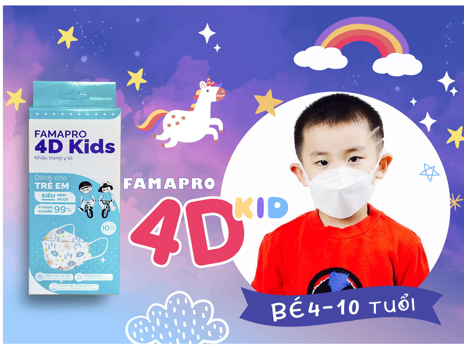 [CHÍNH HÃNG] Khẩu Trang Y Tế 3 Lớp Famapro 4D Kids/Dành Cho Trẻ Em Từ 4-10 Tuổi/Kháng Khuẩn 99%/Hộp 10 Cái