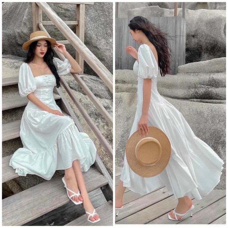 X2 Đầm maxi trắng tầng cổ vuông nút bọc dáng xòe đi biển dự tiệc bánh bèo dịu dàng
