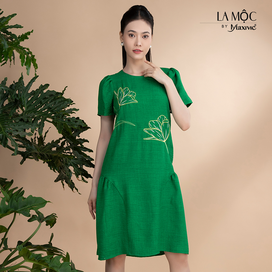 Đầm xô lụa xanh thêu tay phồng La Mộc LM022422