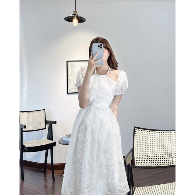 Đầm midi lông cổ yếm tay phồng