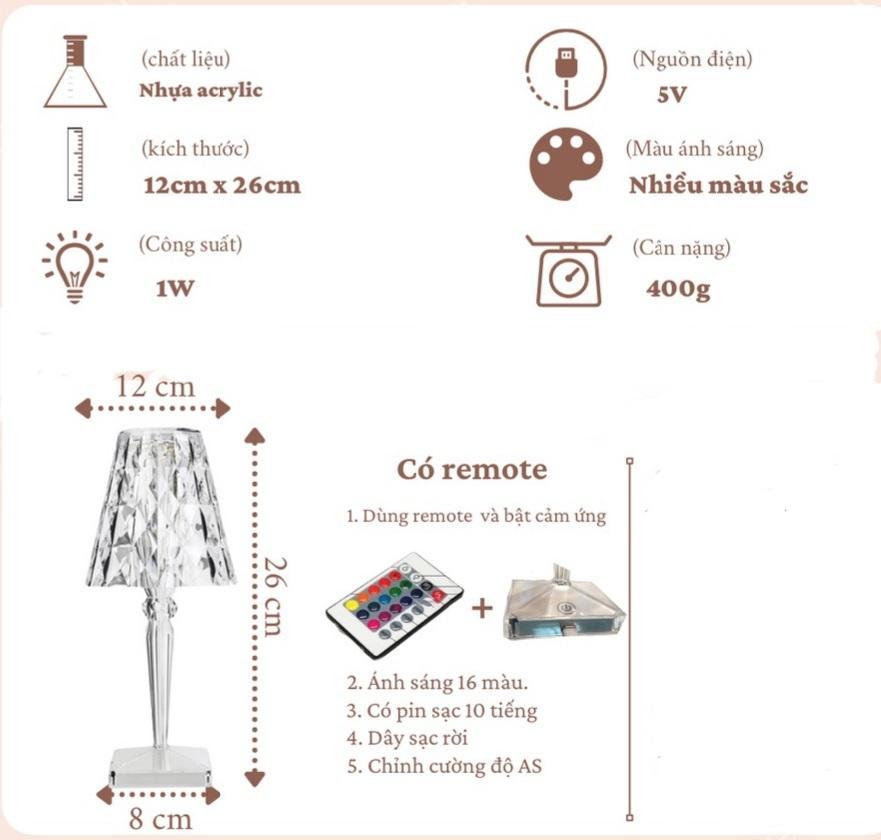 Đèn Ý pha lê diamond (sạc, kèm remote)