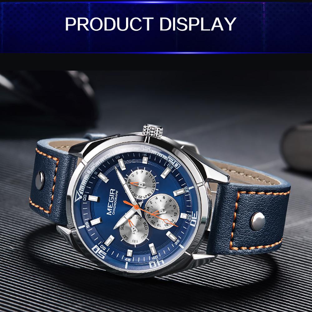 Đồng hồ thể thao MEGIR Chronograph Nam Đồng hồ thạch anh Dây da dạ quang Đồng hồ đeo tay - Màu cà phê