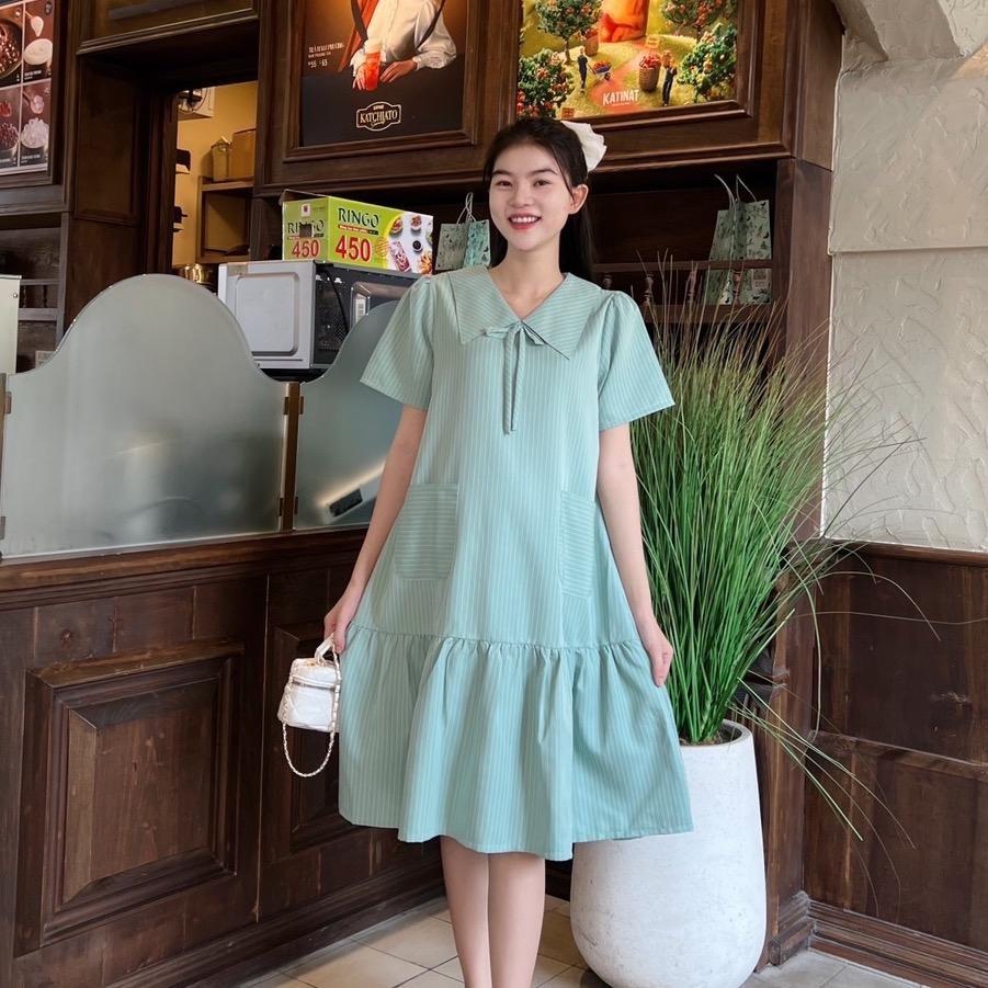Đầm bầu sọc chỉ phom suông đuôi cá phối túi 2 bên dễ thương - Da