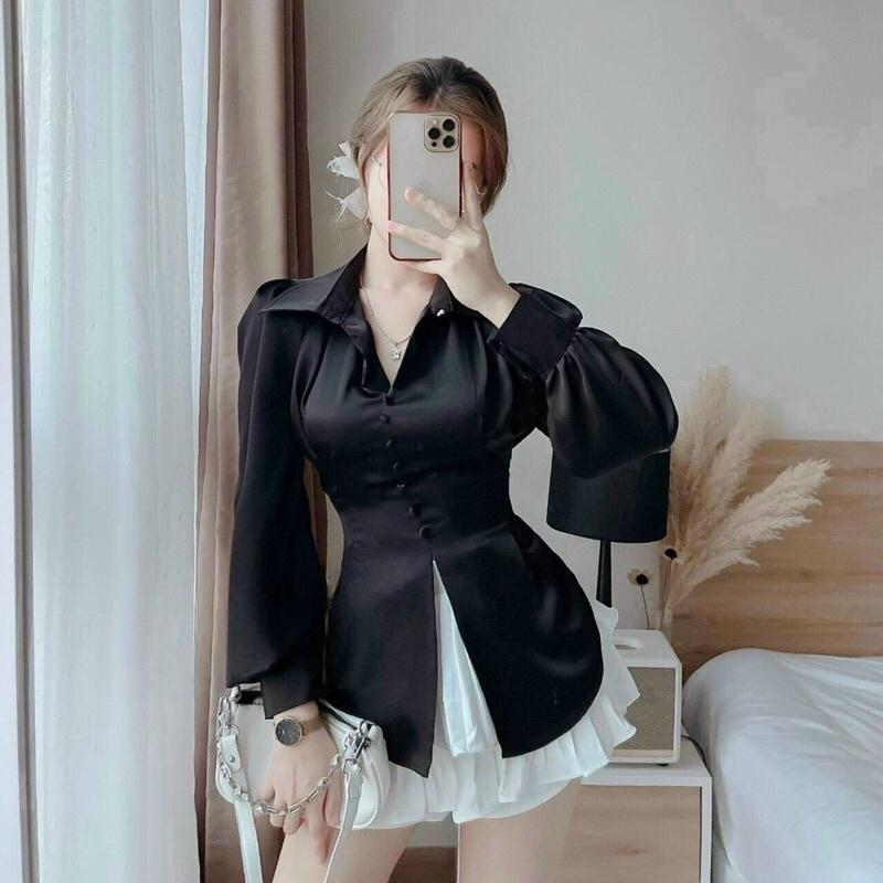 SÉT ÁO SƠ MI CÁCH ĐIỆU CỘT NƠ SAU LƯNG PHỐI CHÂN VÁY XÒE DẬP LY