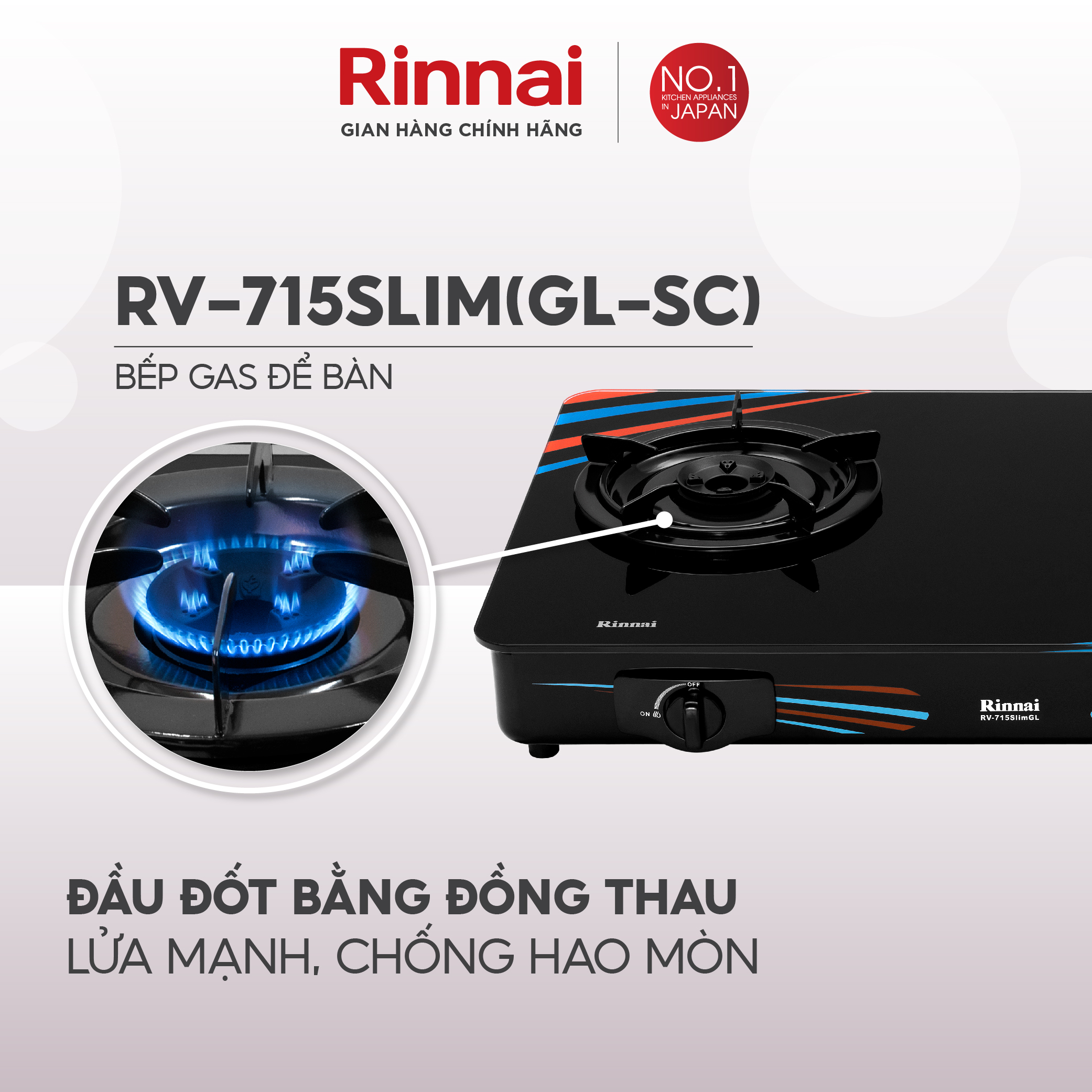 Bếp gas dương Rinnai RV-715Slim mặt bếp kính và kiềng bếp men - Hàng chính hãng.