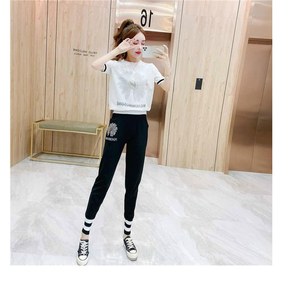 Set bộ thun đính đá hoa cúc phôis viền bo lai