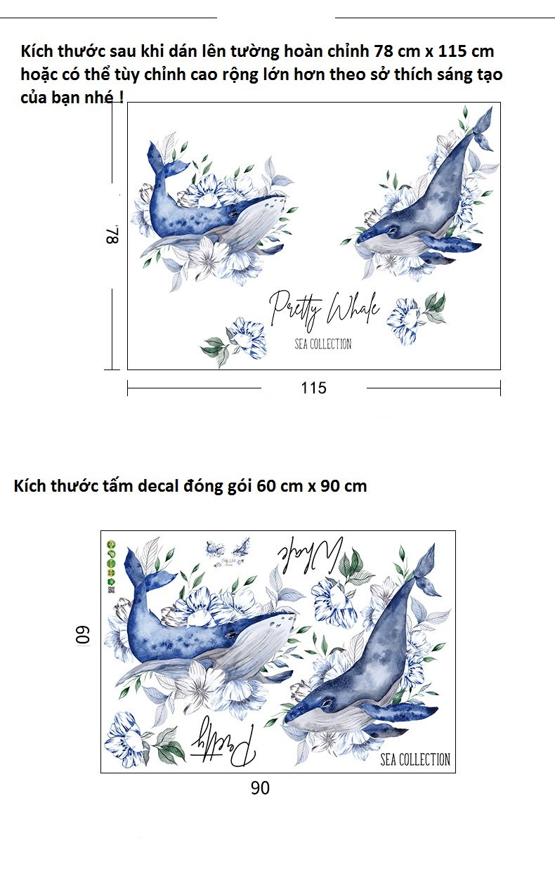 Decal dán tường cá voi xanh – thế giới đại dương phong phú