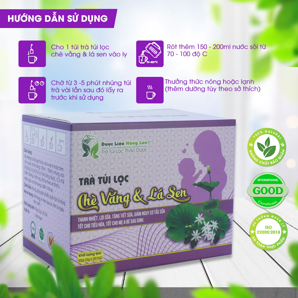 Trà Vằng & Lá Sen túi lọc hộp 60g  Cty Dược Liệu Hồng Lan - Thanh nhiệt, lợi sữa, tăng tiết sữa, giảm nguy cơ tắc sữa, Tốt cho tiêu hóa, tốt cho mẹ & bé sau sinh,...