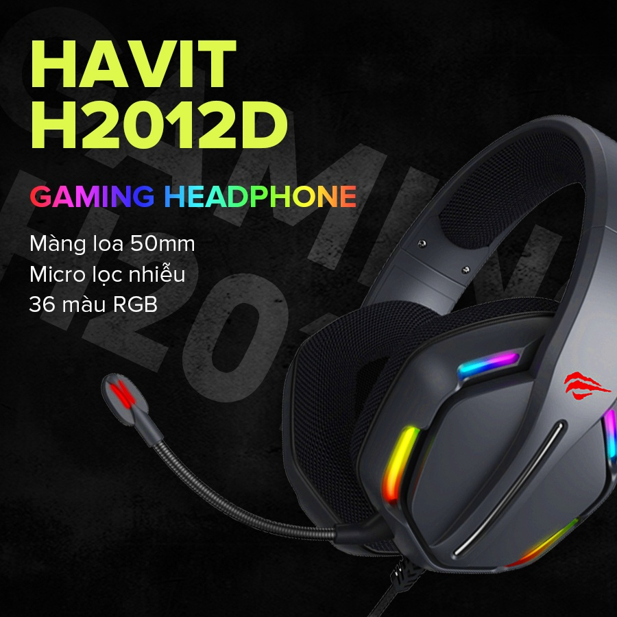 Tai Nghe Gaming Headphone HAVIT H2012D, Driver 50mm, Đèn RGB 36 Chế Độ Màu, Mic Khử Ồn - Hàng Chính Hãng