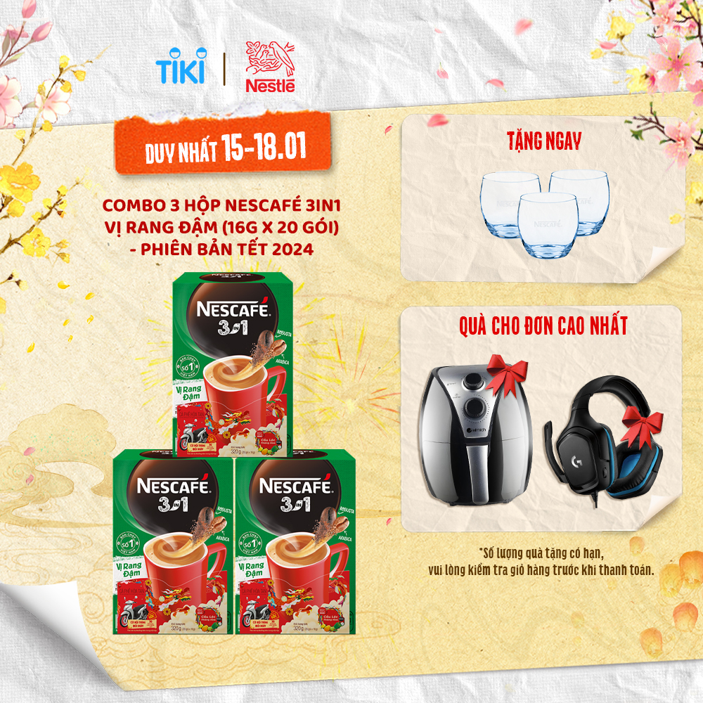 [Tặng Set 3 Ly Thủy Tinh Collin] Combo 3 Hộp Nescafé 3in1 VỊ RANG ĐẬM (16g x 20 gói) - Phiên bản Tết 2024