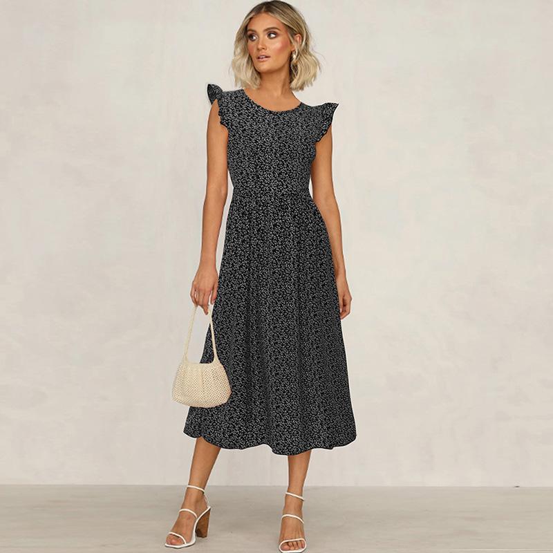 Fashion Women Floral Print Dress Ruffles Cap Sleeves Elastic Back Bohemian Holiday Beach Dress Casual Midi Dress