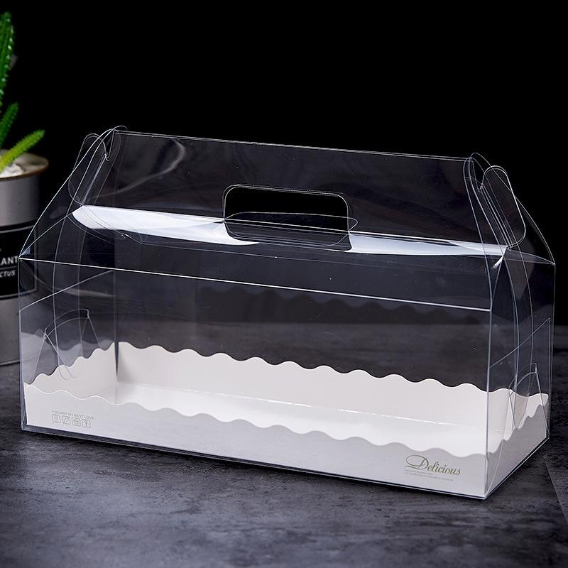 Hộp Quà Đựng Bánh Bông Lan Cuộn Hình Chữ Nhật Hộp Mica Trong Suốt Kèm Đế Giấy Viền KT 27.5x11x10 CM - HOPMIC2751110