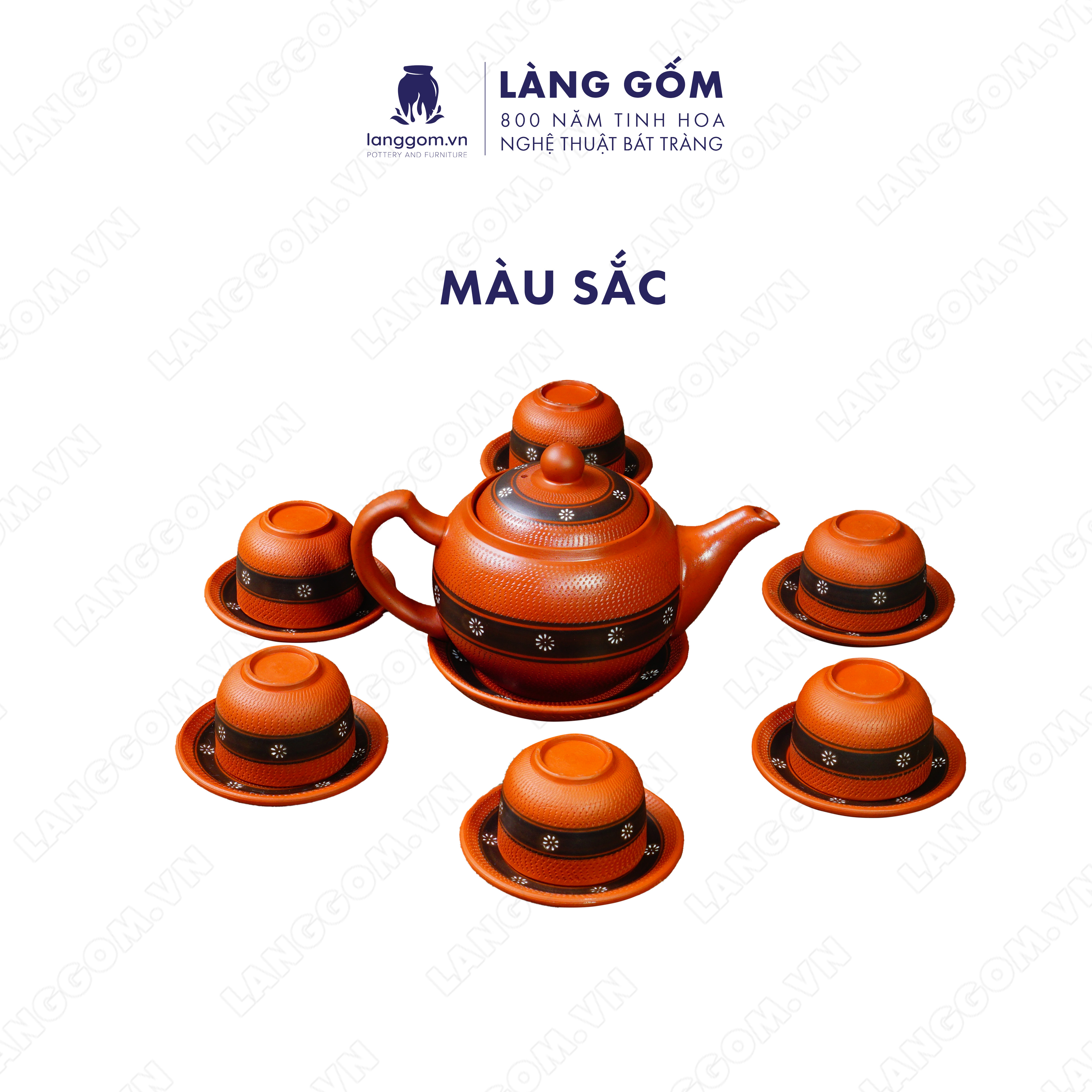 Bộ ấm chén đất nung hoa ban - Men mộc - Gốm sứ Bát Tràng - langgom.vn
