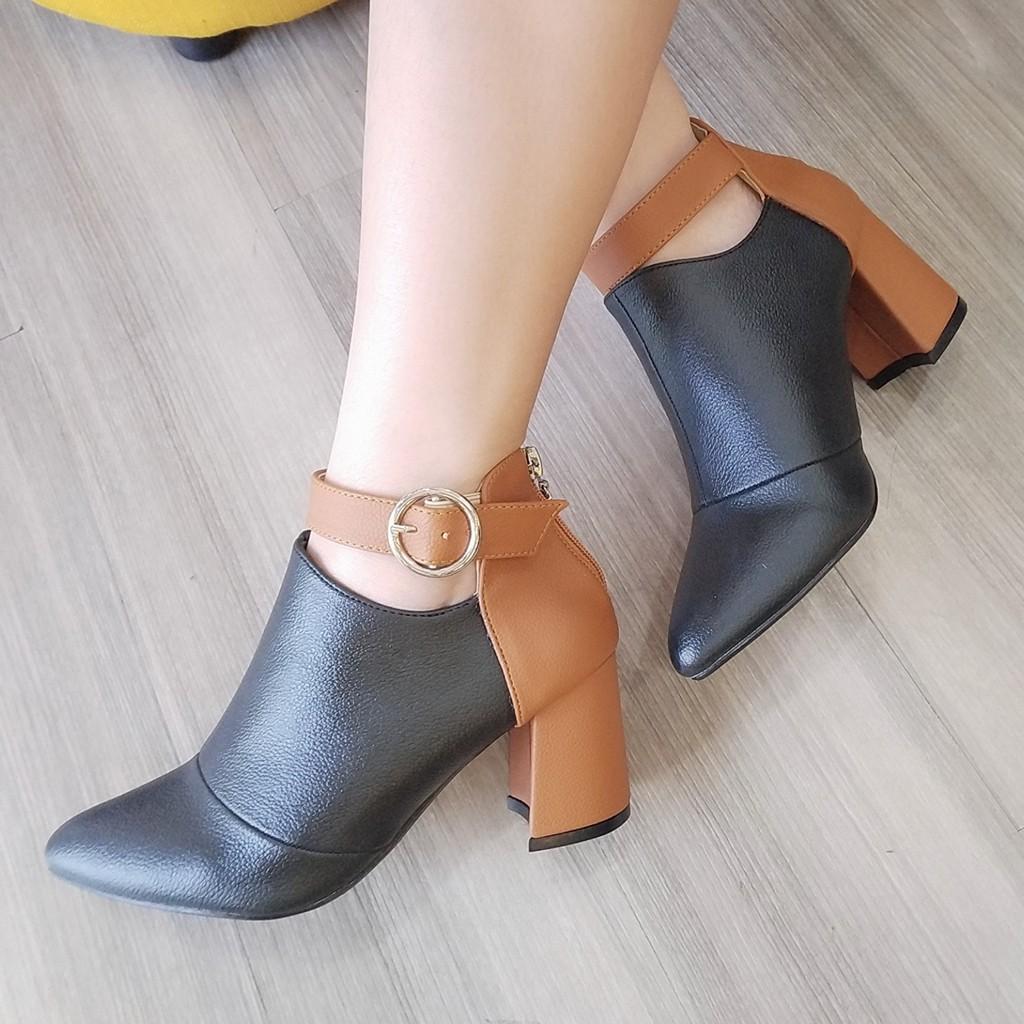 Boot thời trang nữ phối màu cao cấp ROSATA RO179 7p gót trụ - Đen nâu - HÀNG VIỆT NAM - BKSTORE