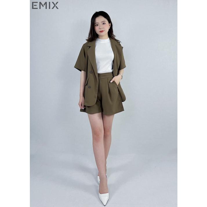 Set vest cộc tay EMIX (màu nâu), áo blazer cộc tay, quần short cạp cao, form rộng, có cúc, chất trượt hàn 109