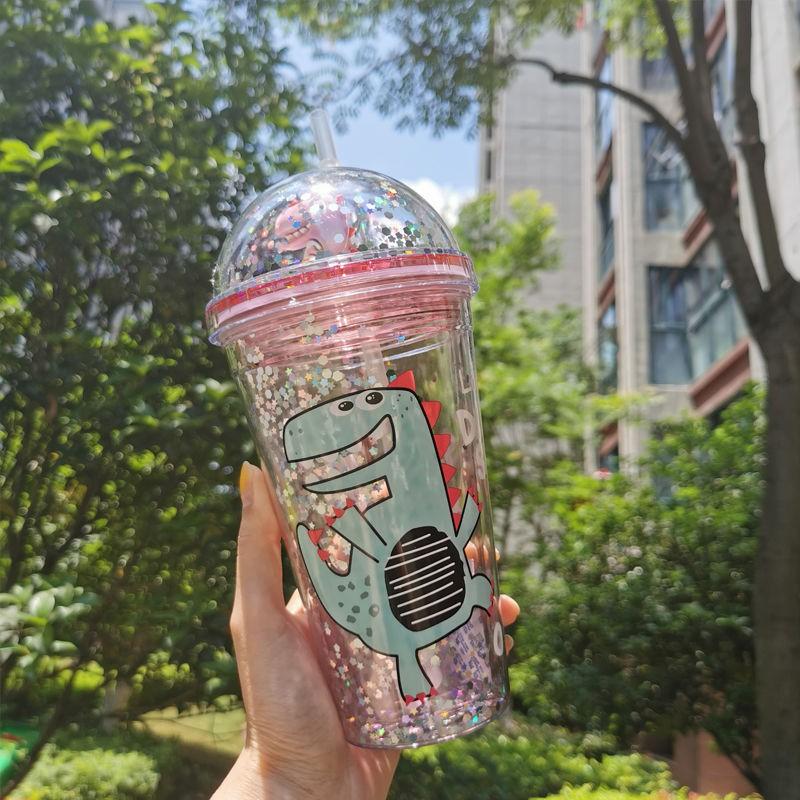Cốc Uống Nước Cute Có Nắp Và Ống Hút 500ml, Ly Uống Nước Họa Tiết Kim Tuyến Khủng Long Dễ Thương