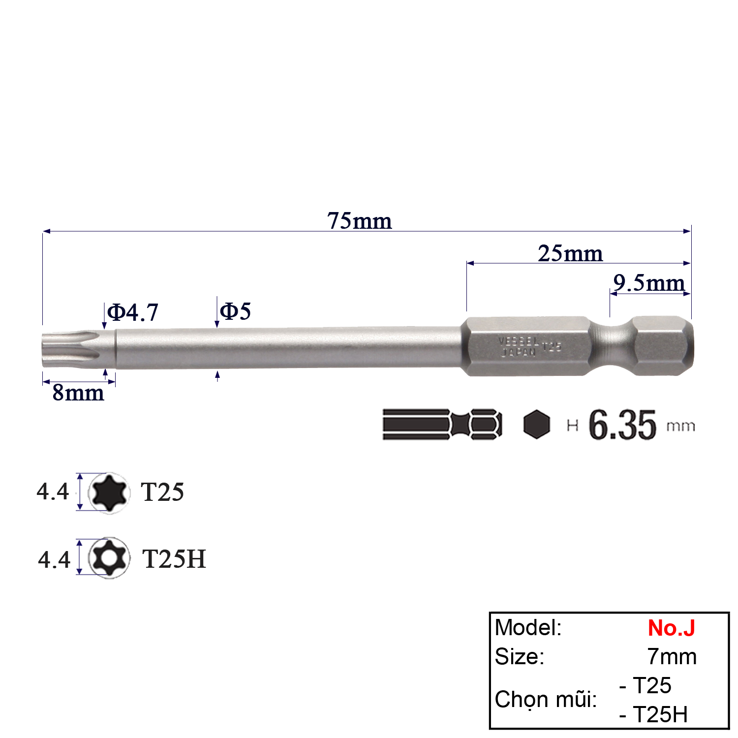 Mũi vặn vít đầu hoa khế T25/T25H chuôi lục giác H = 6,35 Vessel (Nhật Bản)