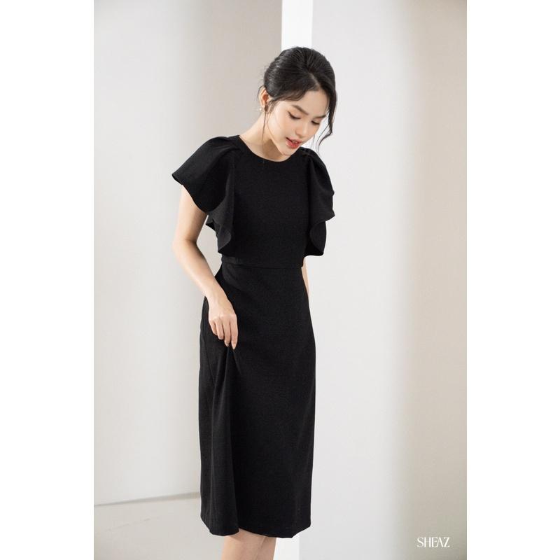 SHEAZ Đầm váy tuyết nhung công sở đen tay bồng eo nhẹ chân A suông midi dài qua gối phong cách Hàn Quốc