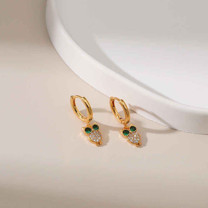 Bông tai zircon thiết kế con cú bông tai động vật nhỏ bông tai mặt dây chuyền nhỏ vàng 18K tinh tế