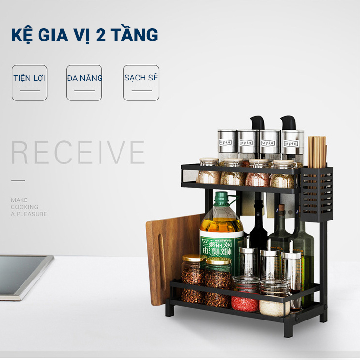 Kệ gia vị chữ E cao cấp VANDO bằng thép carbon chống gỉ, chống xước, kệ đựng chai lọ gia vị đa năng, kệ để đồ nhà bếp gọn gàng, sang trọng