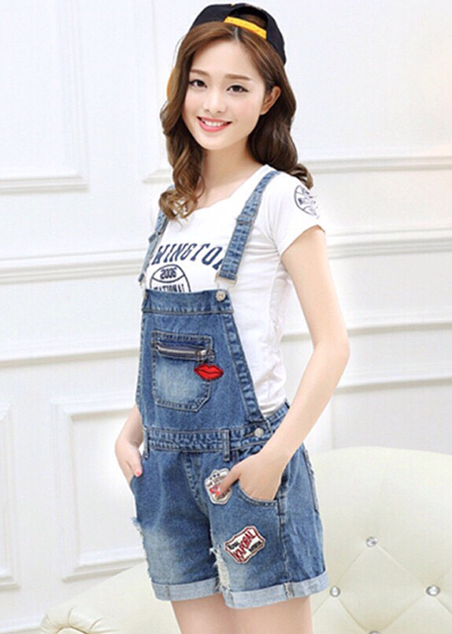 Quần Yếm Jean Short Nữ Wash Rách Thêu Logo