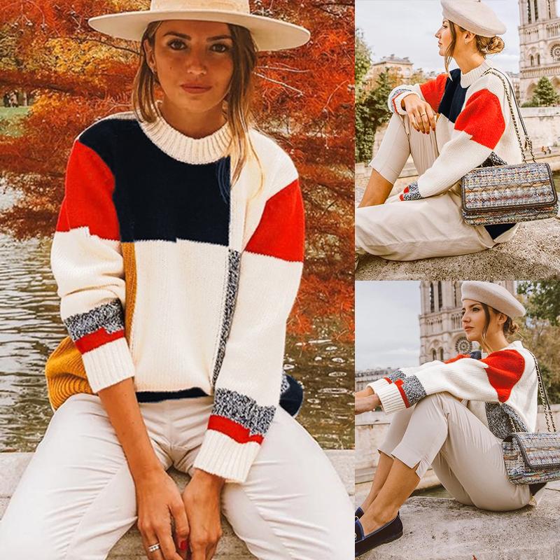 New Winter Women Knitted Sweater Top Multicolor Block O-Neck Long Sleeve Loose Casual Pullover Tee Shirt White