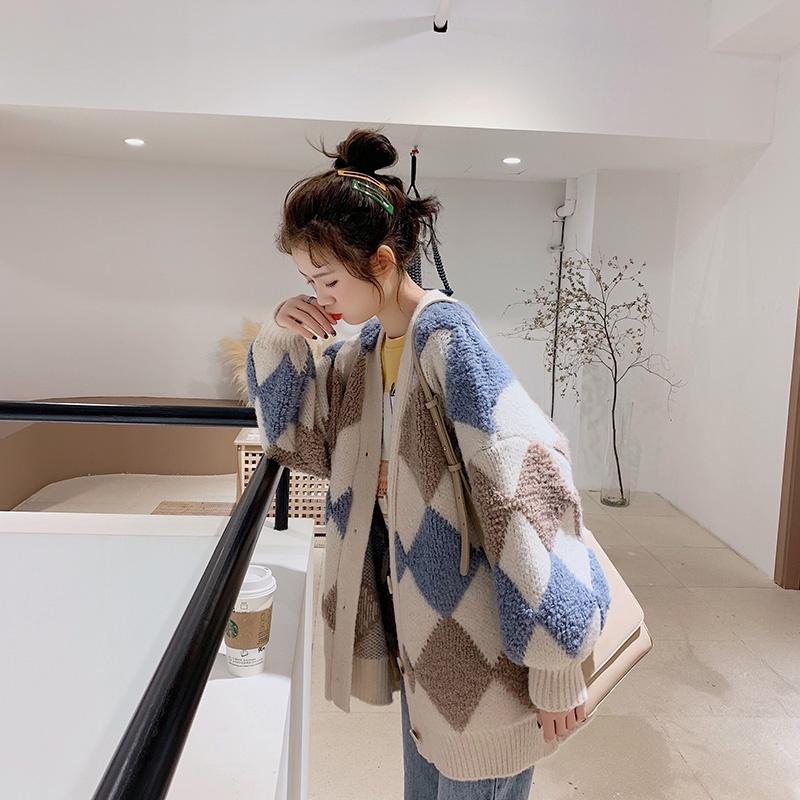 Hình ảnh Áo khoác len dệt kim mềm cổ V dáng rộng ohong cách thời trang Hàn