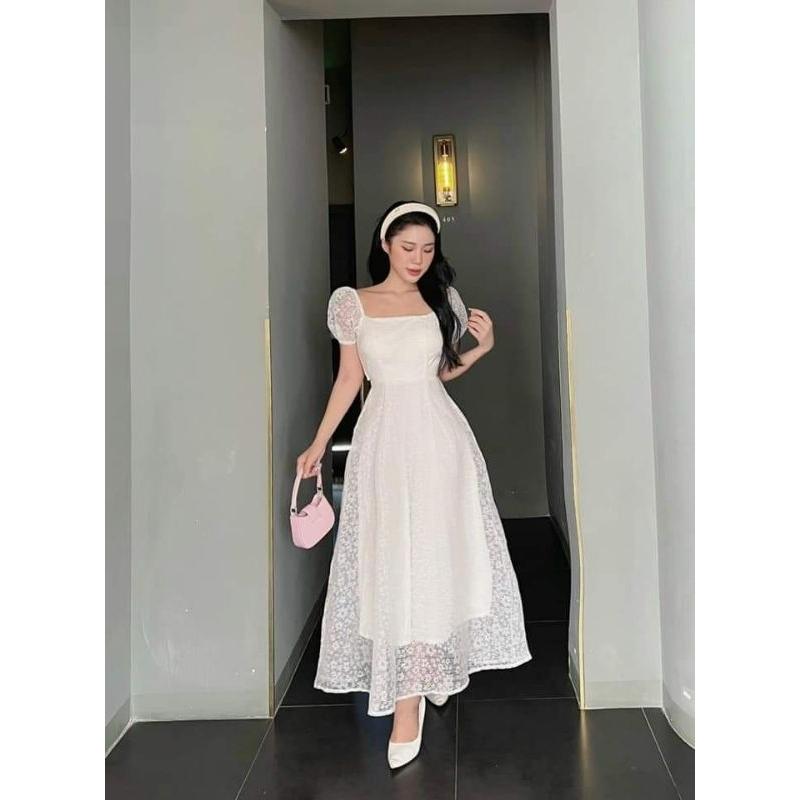 ĐẦM REN HOA TRẮNG DÁNG DÀI XÒE