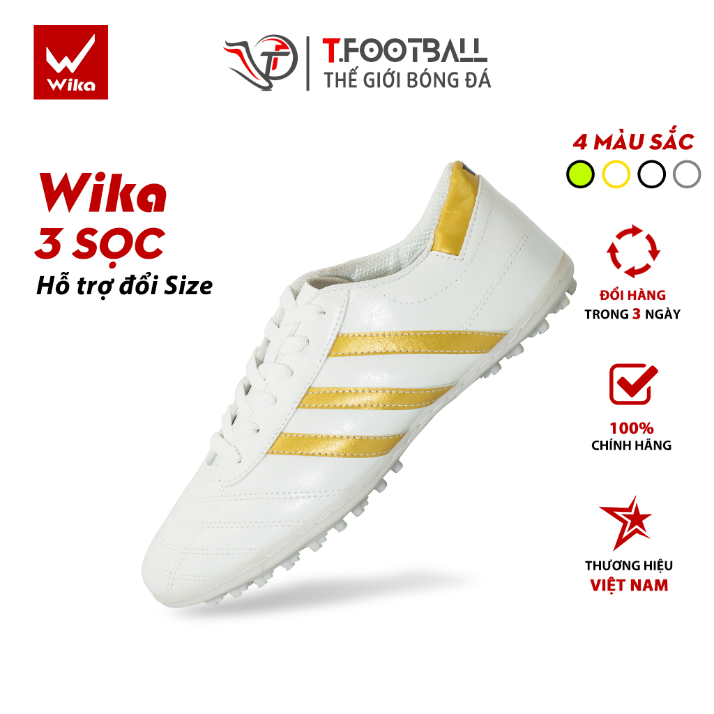 Giày Đá Bóng WIKA 3 Sọc Chính Hãng Khâu Full Đế Đinh TF Hỗ Trợ Bám Trụ – Trắng sọc Vàng,40