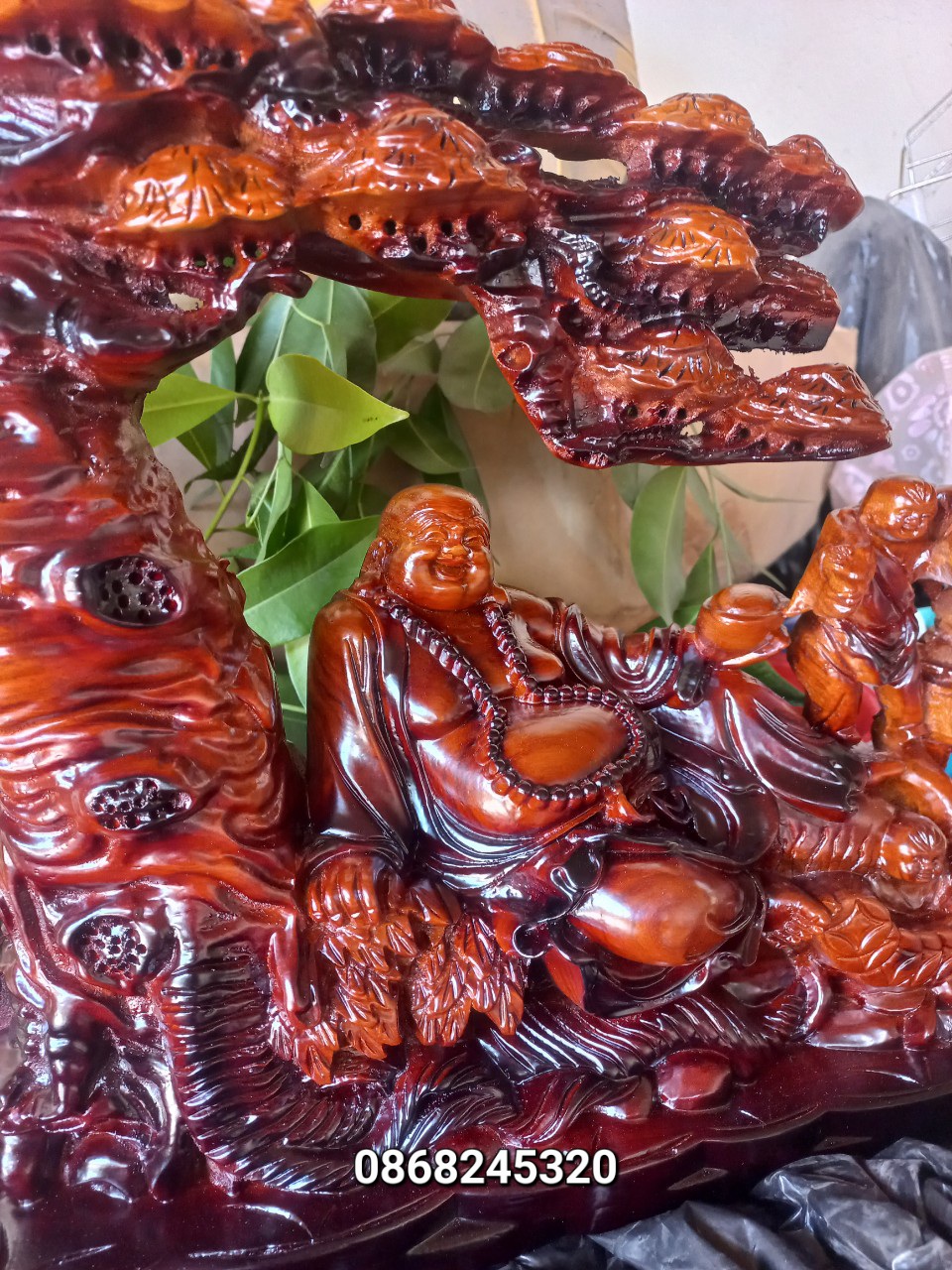 TƯỢNG PHẬT DI LẶC TAM PHÚC GỖ HƯƠNG ĐÁ SƠN PU GIẢ CỔ KT 45×30×15CM