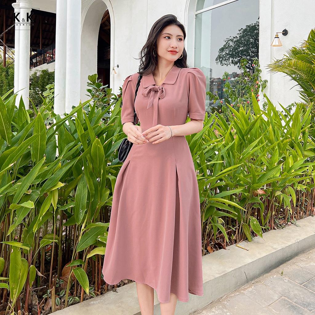 Đầm Xòe Công Sở Màu Hồng Cổ Sen K&amp;K Fashion KK140-02 Chất Liệu Tuyết Sa Cát