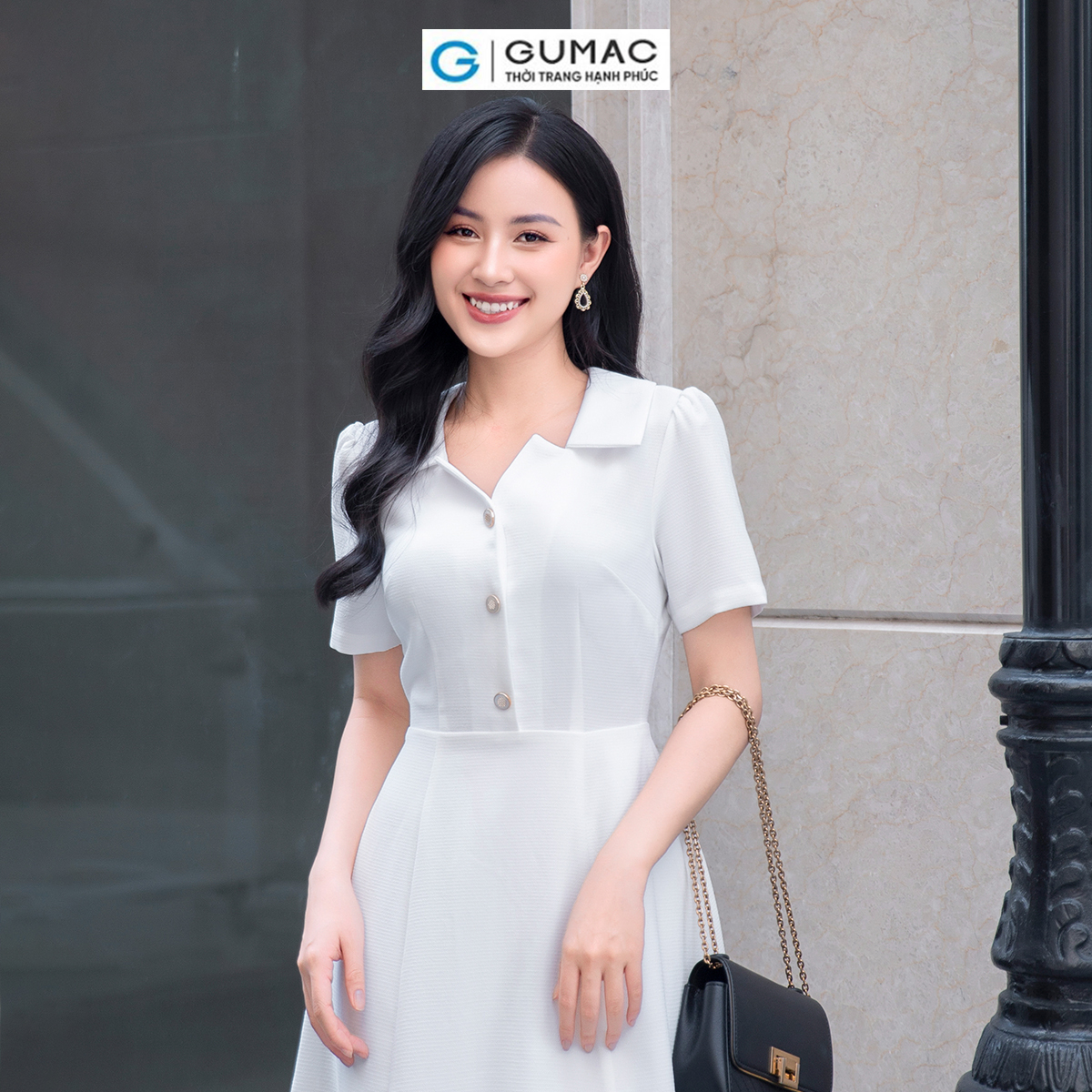 Đầm A cổ cách điệu vải bố giữ phom đi tiệc đi chơi thanh lịch sang trọng GUMAC DD09042